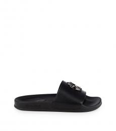 Roberto Cavalli Black Croc-Embossed Logo Slides