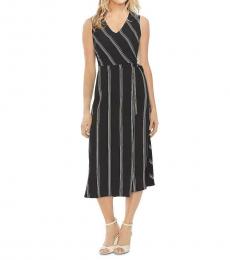 Rich Black Striped Faux-Wrap Dress