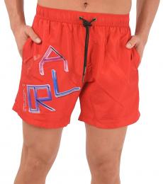 Karl Lagerfeld Red Printed Logo Neon Swim Shorts