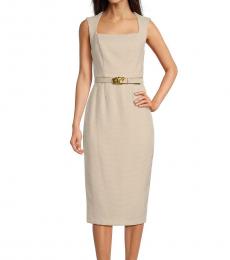 DKNY Beige Square Neck Sleeveless Belted Dress