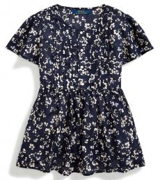 Ralph Lauren Girls Navy Cream Floral Cotton Dobby Top