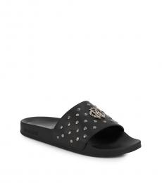 Roberto Cavalli Black Logo Studded Leather Slides