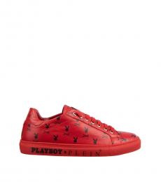 Philipp Plein Red Black Low Top Skull Sneakers