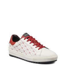 White Red Logo Print Leather Sneakers