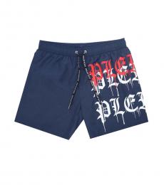 Philipp Plein Navy Blue Logo Print Swin Shorts