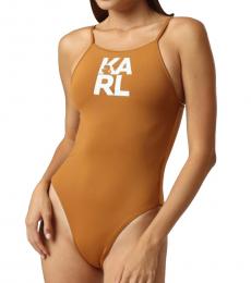 Karl Lagerfeld Light Brown Logo One-Piece Swimsuit