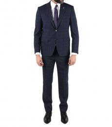 Corneliani Navy Blue Cc Collection Check Side Vents 2-Button Right Suit