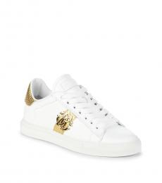 Roberto Cavalli White Gold Logo Low Top Sneakers