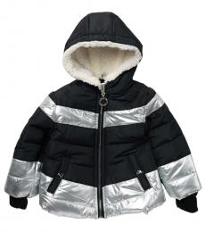 DKNY Baby Girls Black Metallic Faux Fur Puffer Jacket
