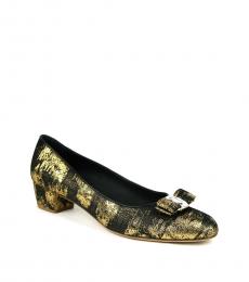 Salvatore Ferragamo Black Gold Vara Fabric Heels