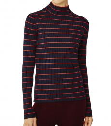 Tory Burch Navy Blue Striped Ribbed Turtleneck Sweater