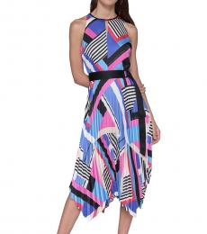 Karl Lagerfeld Multi Color Belted Pleated Midi-Dress