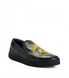 Versace Black Embellished Leather Loafers