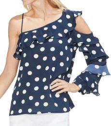 Vince Camuto Navy Blue Asymmetrical Polka Dot Top