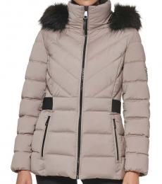 DKNY Beige Hooded Puffer Coat