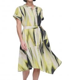 DKNY Multi Color Short Sleeve Tie Waist Dress