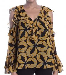 Diane Von Furstenberg Light Yellow Cold Shoulder Ruffle Blouse