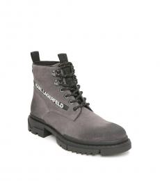 Grey Logo Print Suede Leather Boots
