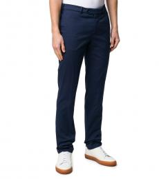 Brunello Cucinelli Navy Blue Cotton Blend Tailored Trousers