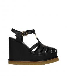Black Ankle Strap Leather Wedges
