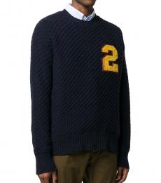 Dsquared2 Navy Blue Logo Application Crochet Crew-Neck Sweater