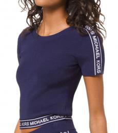 Michael Kors Navy Blue Logo Tape Cropped T-Shirt