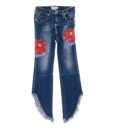 Girls Blue Floral Frayed Jeans