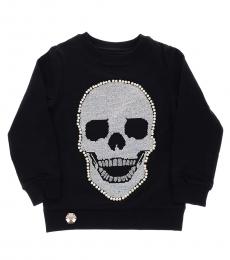 Little Girls Black Skull Crewneck Sweatshirt