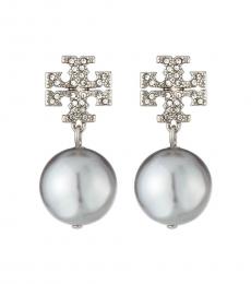 Tory Burch Silver Crystal Logo Pearl Drop Earrings