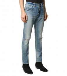 Saint Laurent Blue Distressed Detail Slim-Fit Jeans