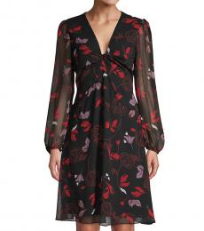 Diane Von Furstenberg Black Multi Chiffon Long-Sleeve Flare Dress