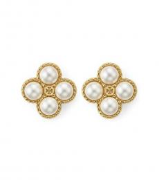 Tory Burch Gold Clover Pearl T logo Stud Earrings