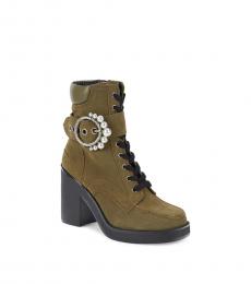 Karl Lagerfeld Olive Dottie Block Heel Leather Boots