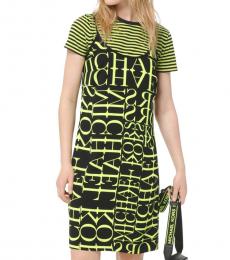 Michael Kors Black Neon Yellow Newsprint Logo Slip Dress