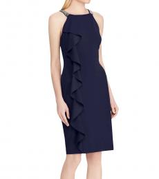 Ralph Lauren Navy Blue Ruffled Beaded Sheath Dress