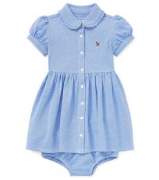 Ralph Lauren Baby Girls Blue Knit Mesh Oxford Dress