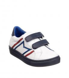 Boys White Blue Leather Sneakers