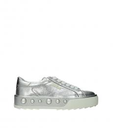 Silver Leather Low Top Sneakers