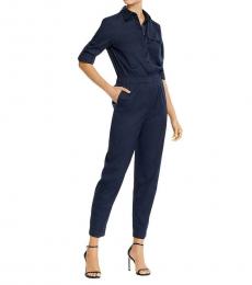 Theory Blue Straight Leg Ruched Rolled Sleeve Jumpsuit