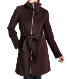 Dark Brown Belted Zip Wool Coat