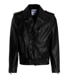 Moschino Black Back Print Leather Bike Jacket