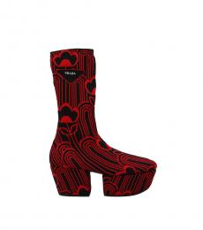 Prada Black Red Deco Jacquard Boots