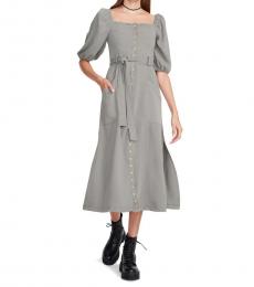 Grey Puff Sleeve Crepe Snap Front Dress