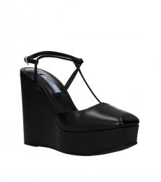 Black T-Strap Leather Wedges