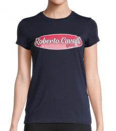 Roberto Cavalli Navy Blue Round Neck Logo Tee
