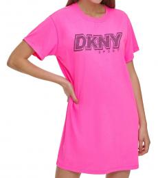 DKNY Laser Pink Rhinestone Logo T-Shirt Dress