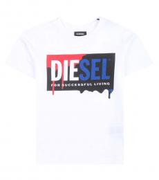 Diesel Boys White Logo Printed T-Shirt