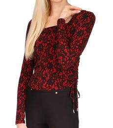 Red Ruched-Side Lace Top