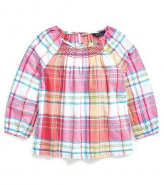 Ralph Lauren Girls Pink White Smocked Madras Top