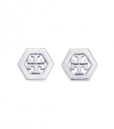 Tory Burch Silver Hexagonal Logo Stud Earrings